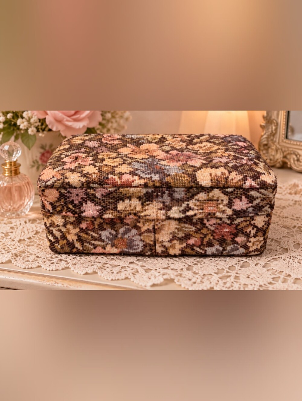 Vintage Crowning Touch Floral Tapestry Jewelry Trinket Box Cottagecore